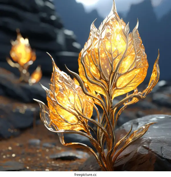 Glowing golden flowers growing on a rocky terrain