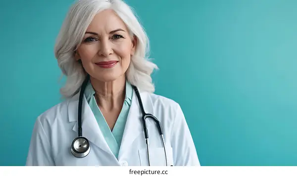 Friendly Female Doctor Portrait Against Teal Background