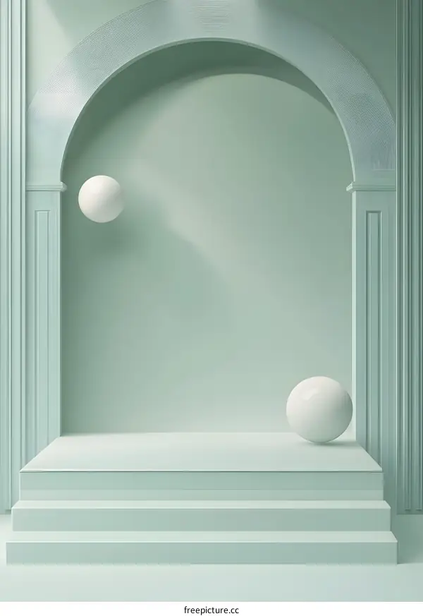 Minimalist Green Archway with White Spheres