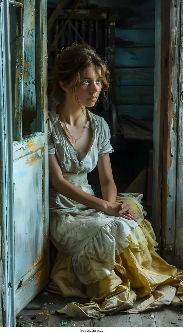 Portrait of a young woman in a white dress sitting on the floor of an abandoned building