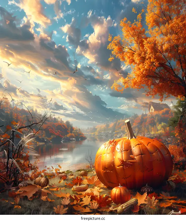 Pumpkin by the lake in autumn
