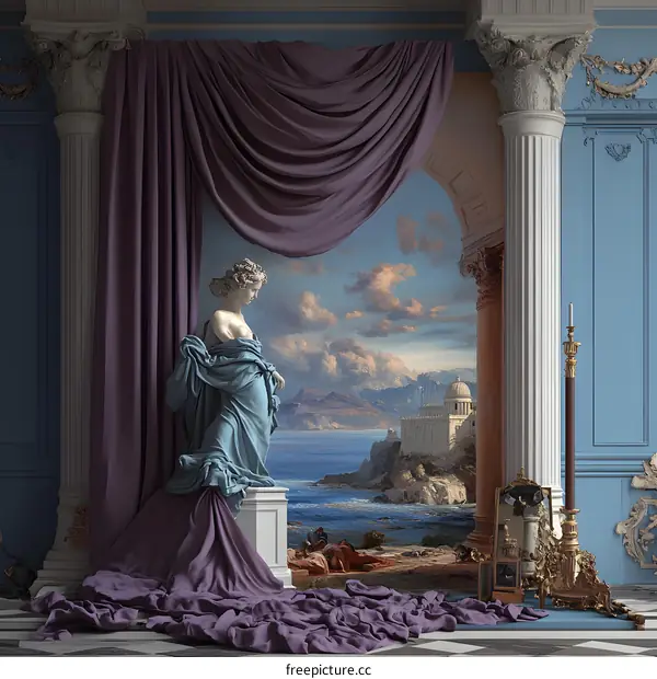 Classical Sculpture With Draped Fabric In Front Of Mural