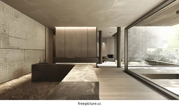 Modern Minimalist Interior Design with Marble Countertop and Stone Floor