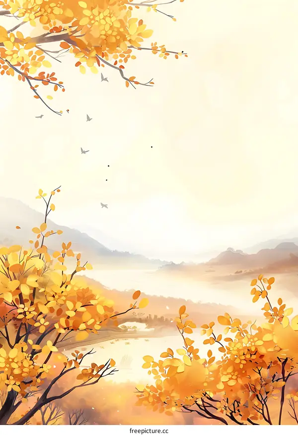 Autumn Landscape Painting With Golden Leaves