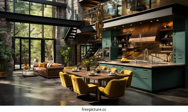 Modern kitchen and dining room with large windows and a view of the forest