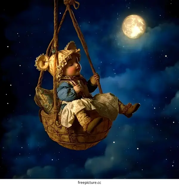 Sleeping Baby Girl on a Swing in Night Sky with Moon and Stars