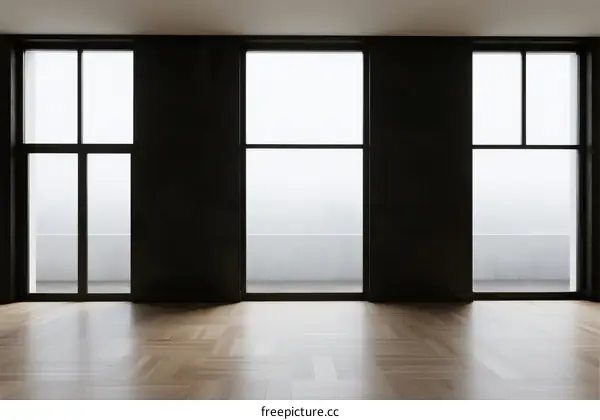 Modern empty room with large windows and wooden floor