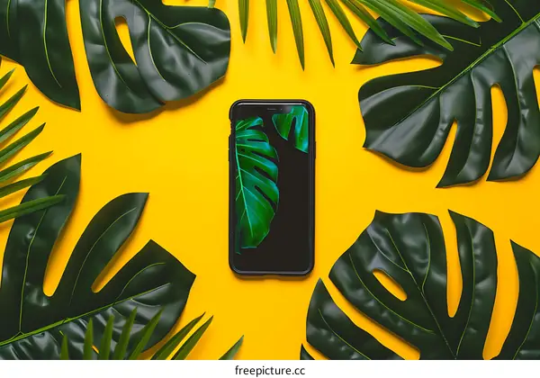 Tropical Leaves and a Smartphone on a Yellow Background