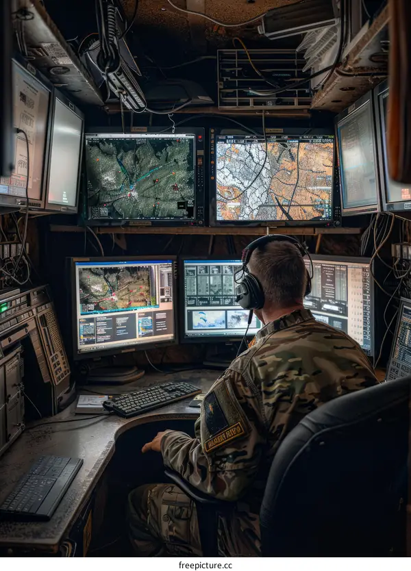 Soldier using a computer in a military control room