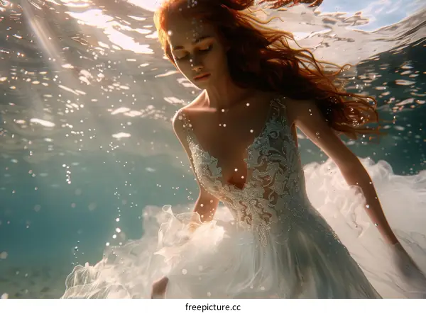 Redhead Bride Floating Underwater in White Dress