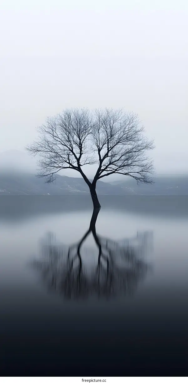 Lonely Tree Silhouetted Against Foggy Sky