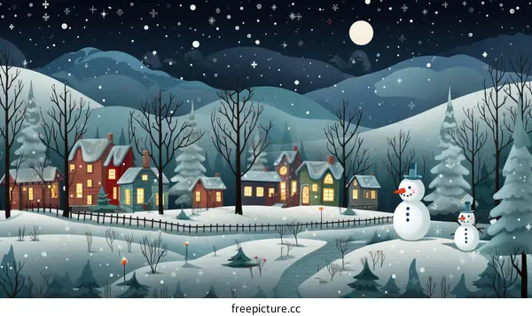 Snowy village in the mountains at night