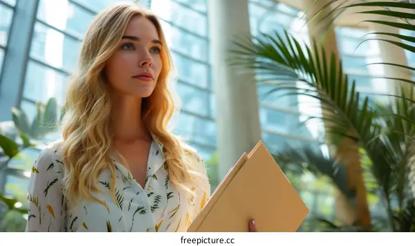 A blonde woman in a white blouse stands in a tropical atrium