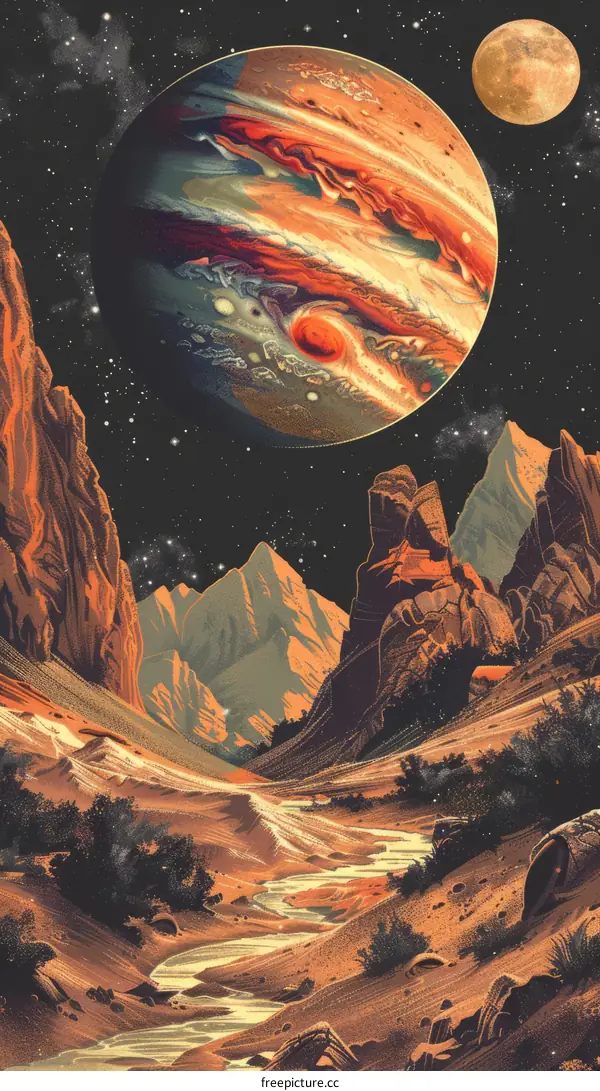 An illustration of a desert landscape with a large planet in the sky