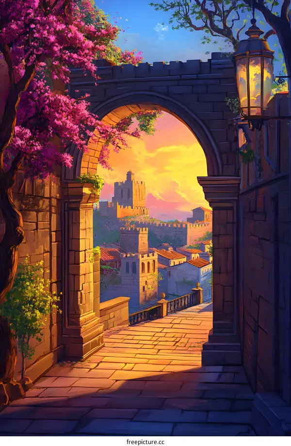 Stone Archway Leading to a Medieval City at Sunset