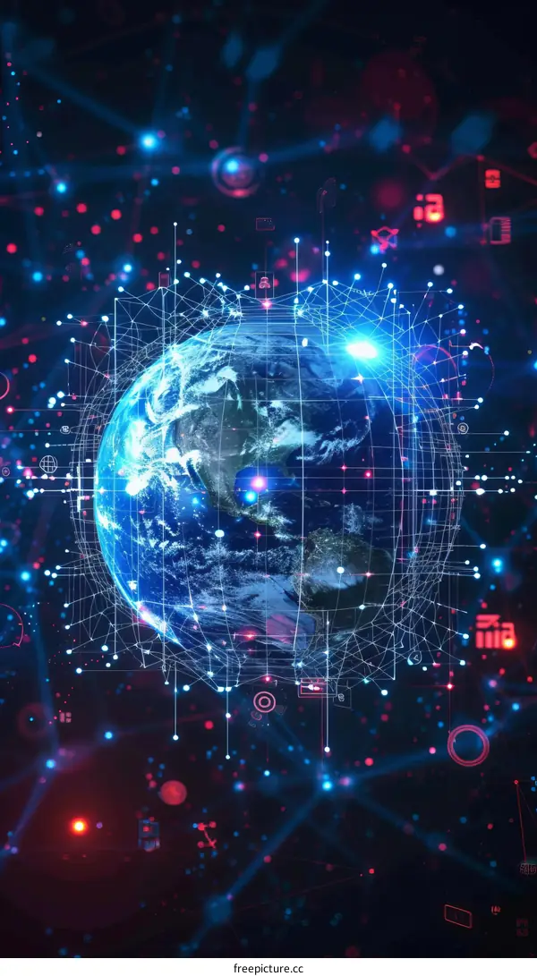 Blue and red glowing globe surrounded by a network of connections