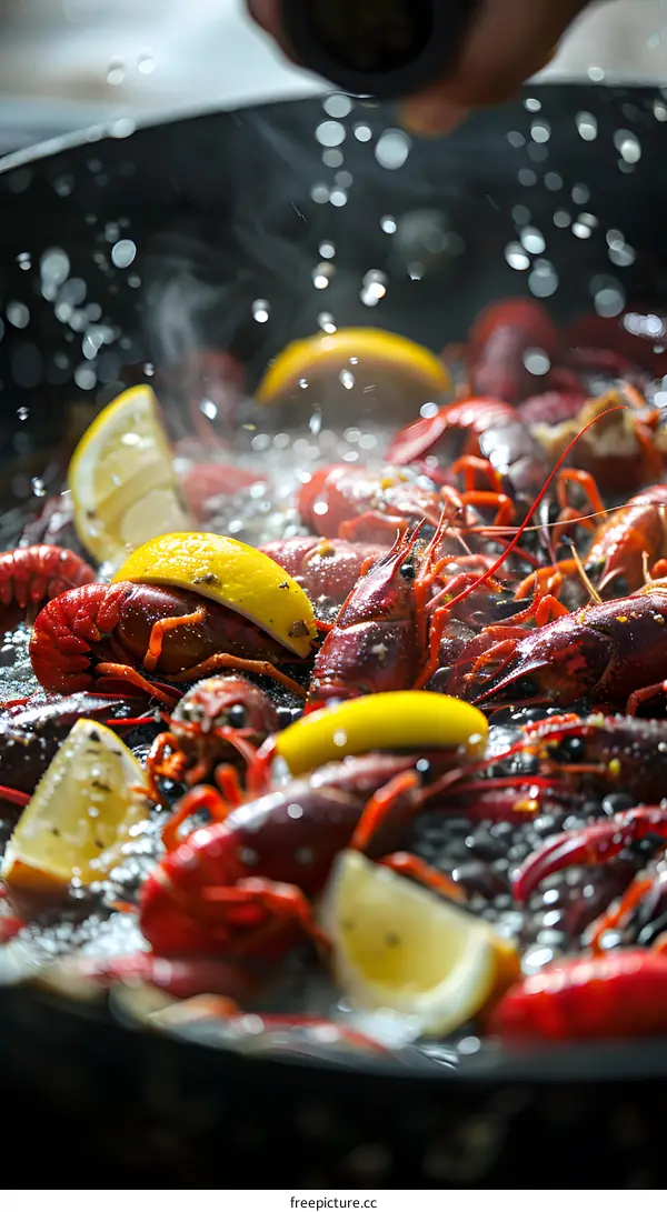 Steaming Red Crawfish Lemon Slices