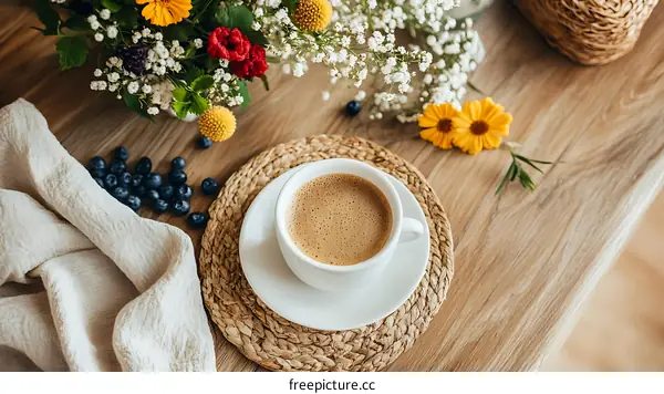 Morning Coffee with Flowers and Blueberries on a Wooden Table