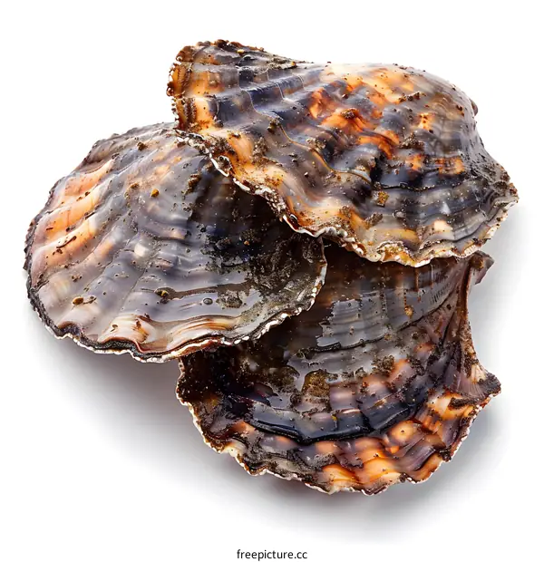 Three empty scallop shells on white background