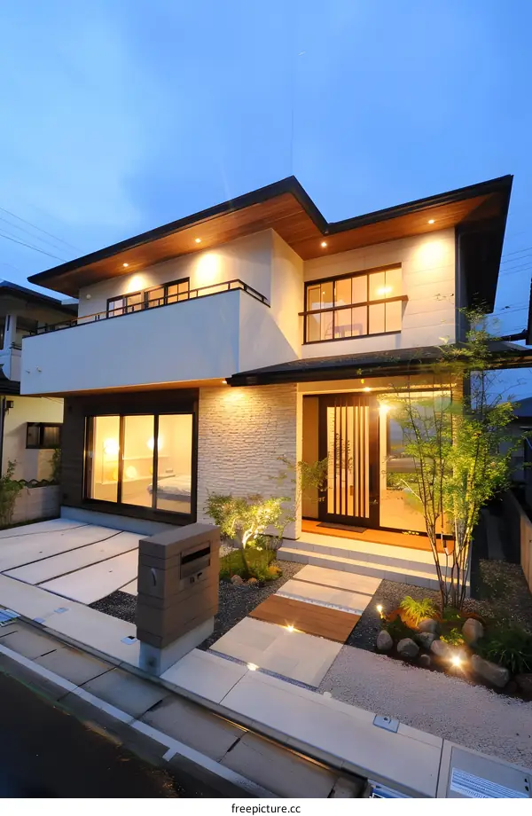 Modern House Exterior With Stone Wall And Garden