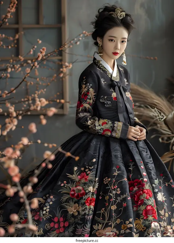 A young woman wearing a traditional Korean hanbok dress