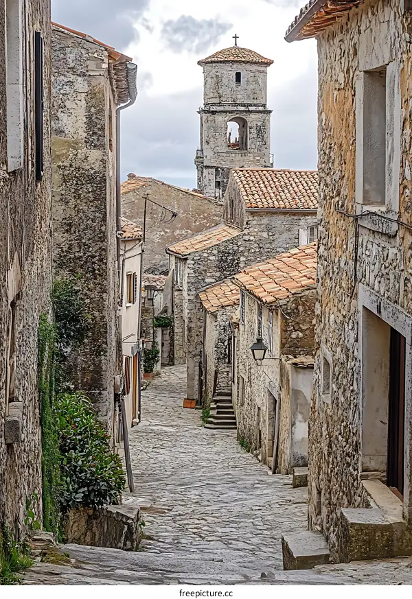 Cobblestone Street with Tower in a Historic Village