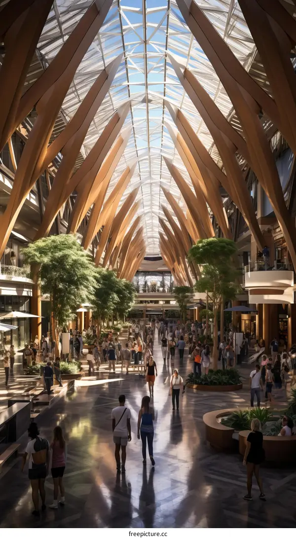 Crowded shopping mall with glass roof