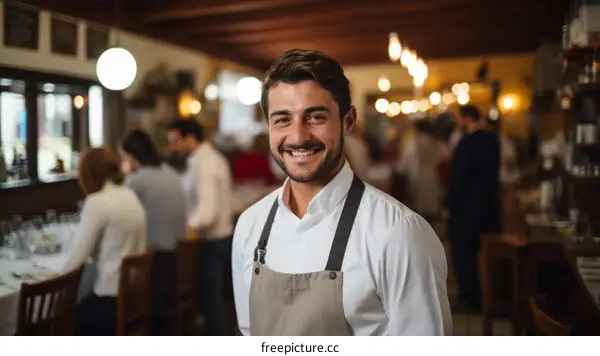 Portrait of a happy waiter in a restaurant