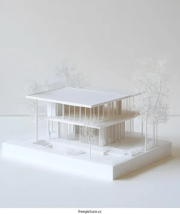White Paper Model of a Modern Building with Trees