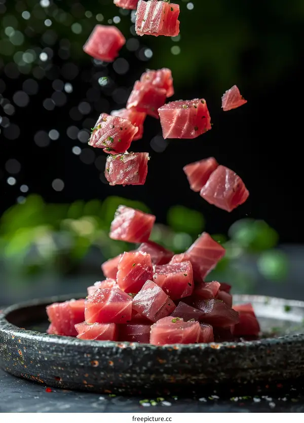 Falling tuna cubes over a plate