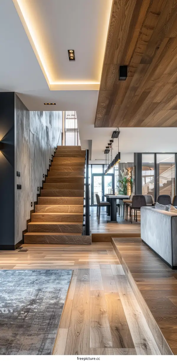 Modern Home Staircase with Wooden Steps and Railing