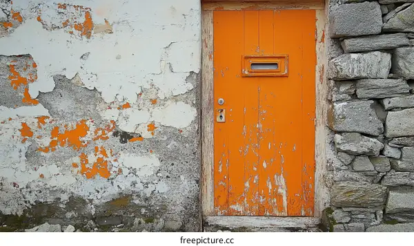 Old Orange Door on a Weathered Stone Wall