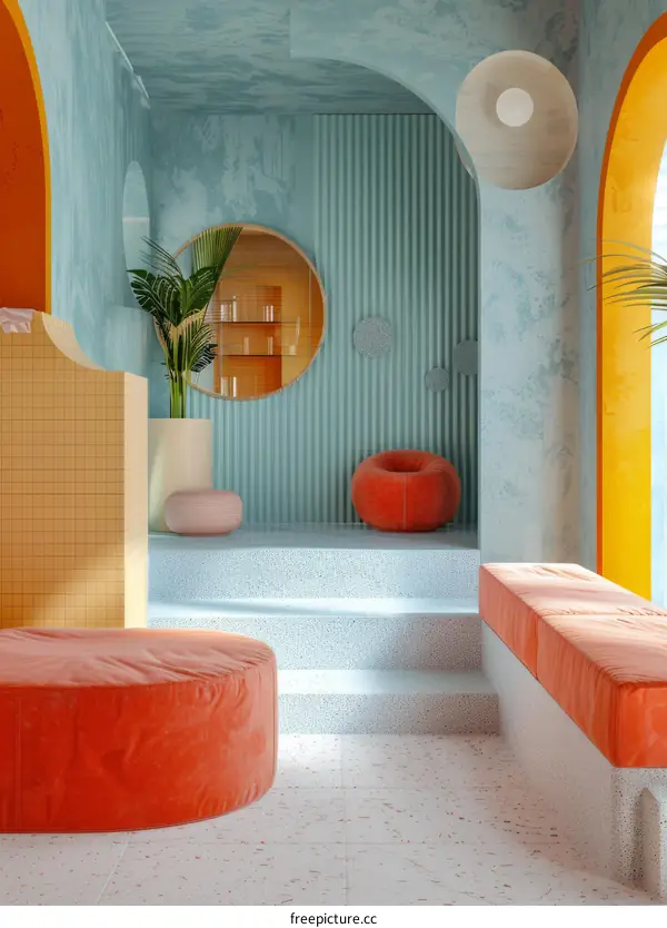 Memphis-Inspired Interior Design: Blue and Orange Room with Retro Furniture