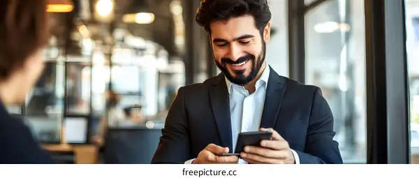 Smiling Businessman Using Phone In Cafe