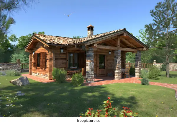Wooden Cabin with Stone Porch and Green Lawn