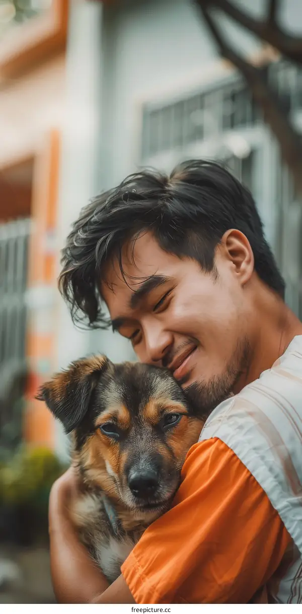 A smiling man hugging a dog