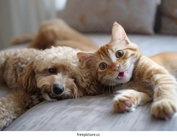 A ginger cat and a poodle are lying on a couch