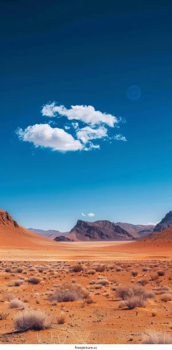 Arid Desert Landscape with Mountains and Blue Sky