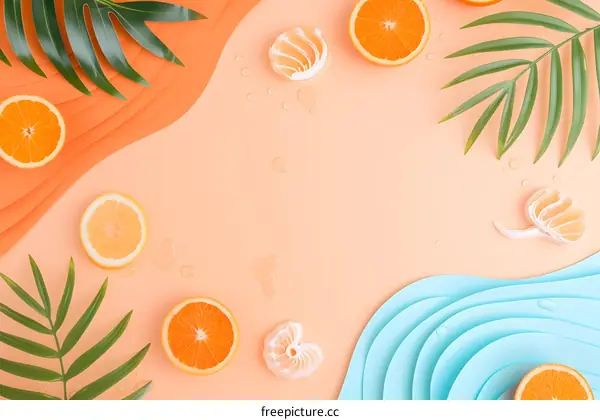 Summer Fruit Background with Orange Slices and Palm Leaves