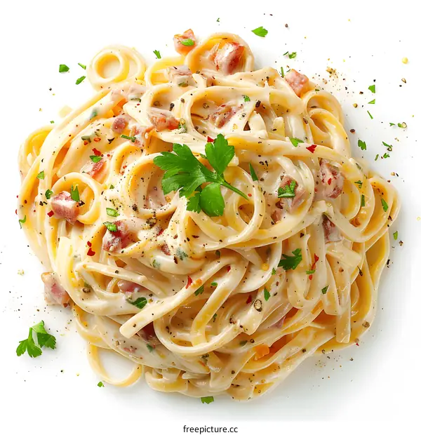 pasta carbonara with bacon and parsley