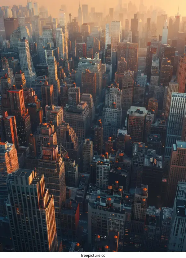 Aerial View of a Modern City Skyline at Sunrise