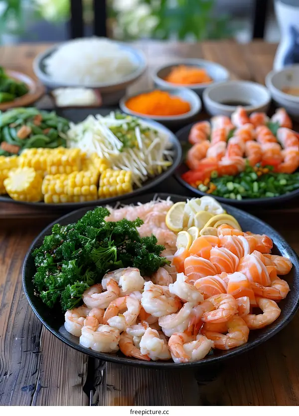 Fresh Seafood Platter With Shrimp, Salmon And Parsley