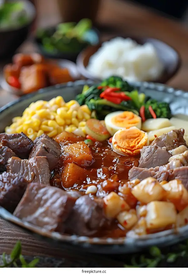 Close Up Of Delicious Food With Meat, Corn, Potatoes, and Eggs