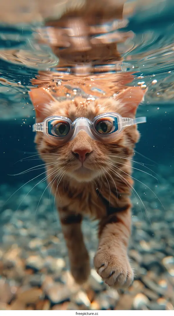 Cat Wearing Goggles While Swimming Underwater