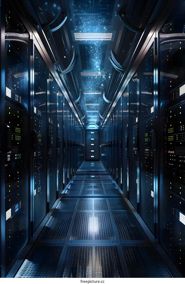 Futuristic Sci-Fi Data Center Server Room With Glowing Lights