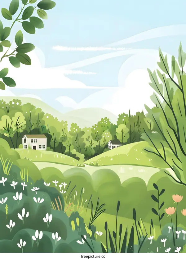 Green Hills and Houses in a Spring Landscape