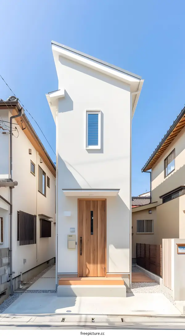 Modern Narrow House Facade with Wooden Door and Single Window