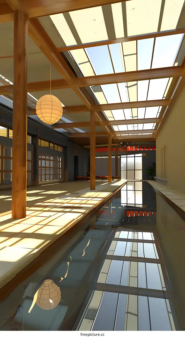 Modern Japanese Style Architecture With Wooden Beams And Skylights