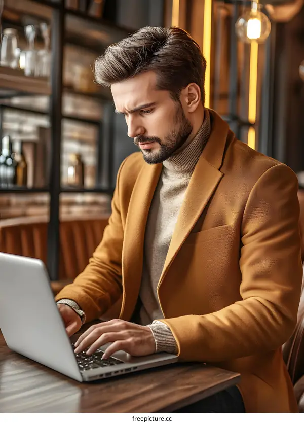 Man in a Brown Jacket Working on a Laptop in a Cafe