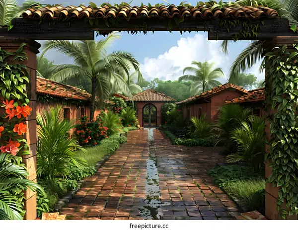 Tropical Courtyard With Palm Trees And Red Brick Pathway